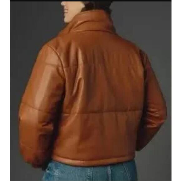 Anthropologie Faux Leather Brown Puffer Jacket - New XL - Picture 2 of 4